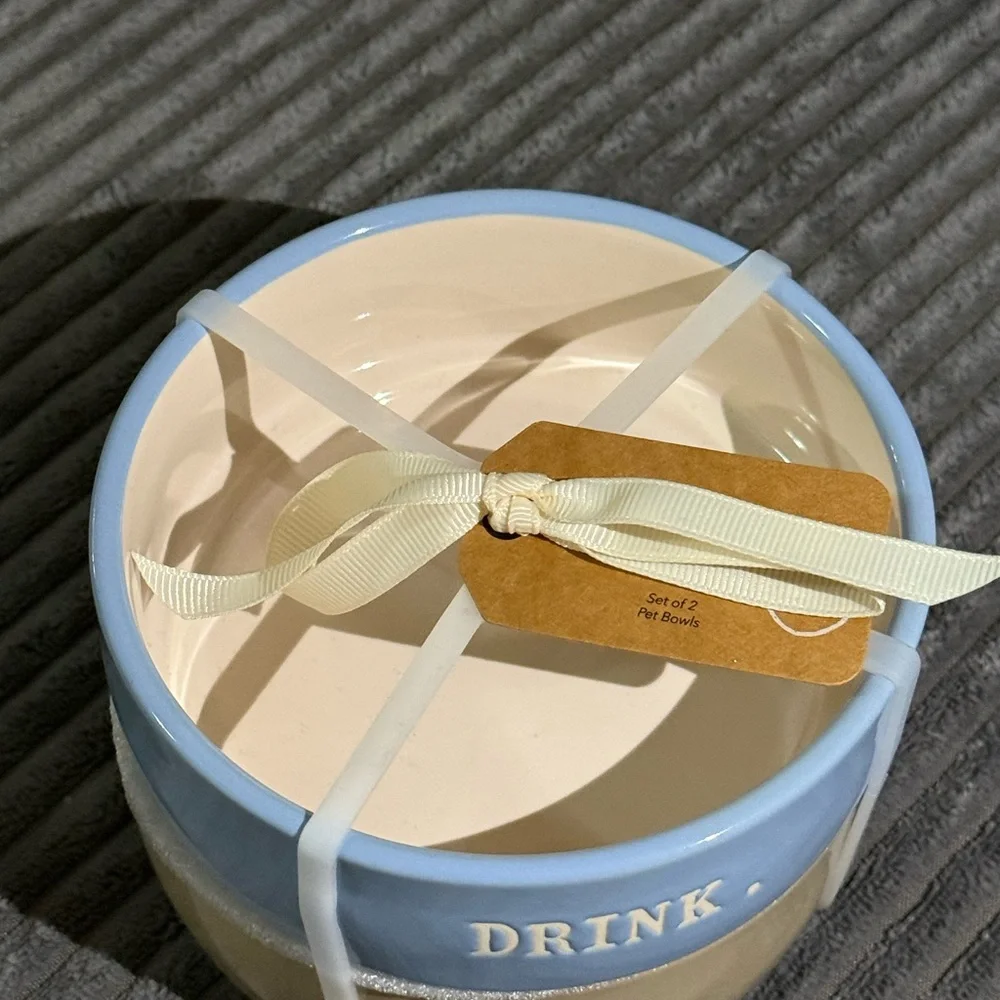 Rae Dunn Blue & Tan Pet DRINK / EAT Ceramic Bowls - Set of 2- NWT